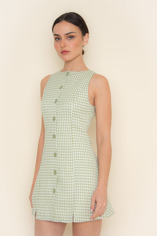 Gingham Effect Dress | Green/White