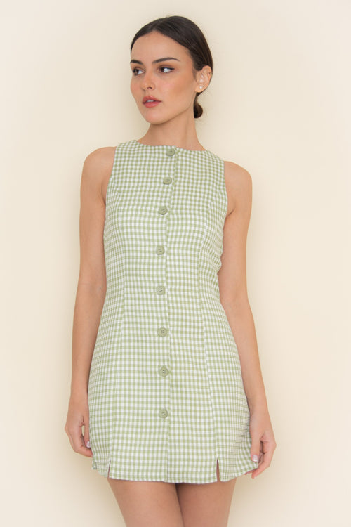 Gingham Effect Dress | Green/White