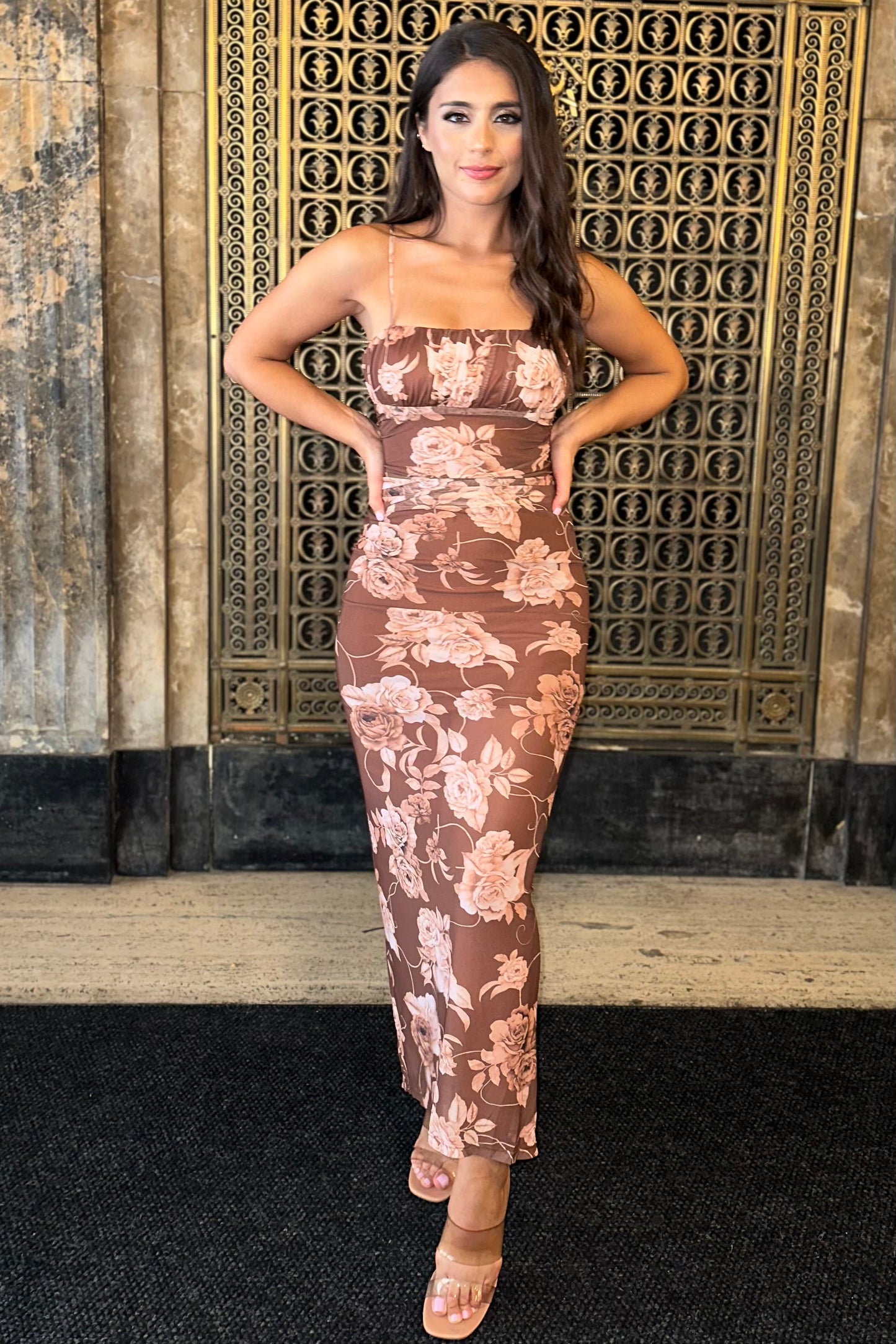Rustic Charm Dress (Brown/Floral)