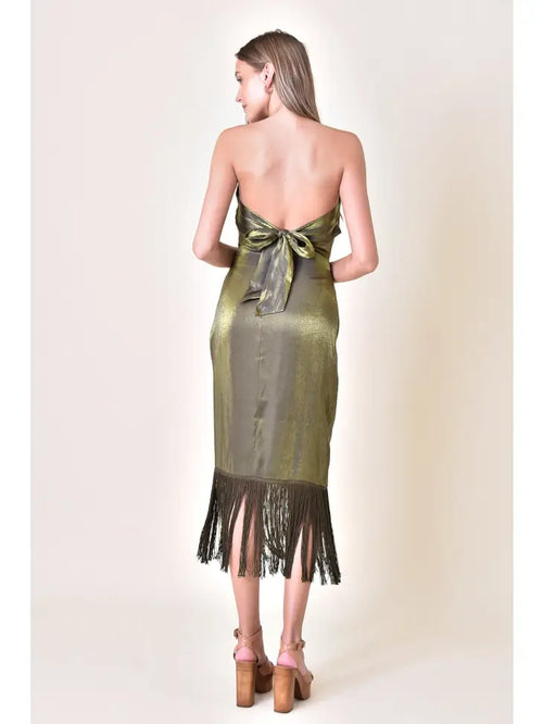 A pretty olive colored midi dress with a nice open back with bow and a satin metallic sheen. Fringe embellishment on the hemline.