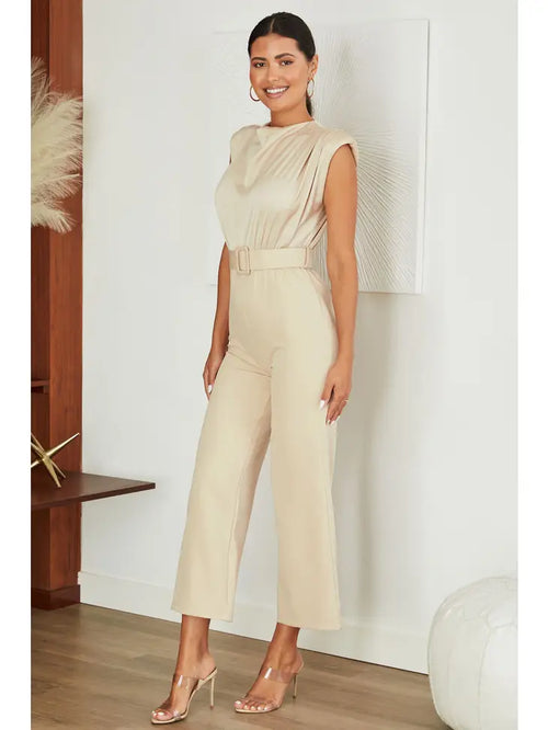 Nude jumpsuit with a belted waistline