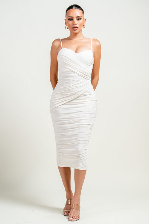 cream ruched bodycon dress Cream Ruched Draped Bodycon Mini Dress