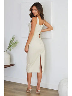 classy nude colored midi dress made of leather fabric