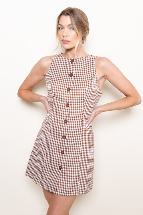 Gingham Effect Dress | Brown/White