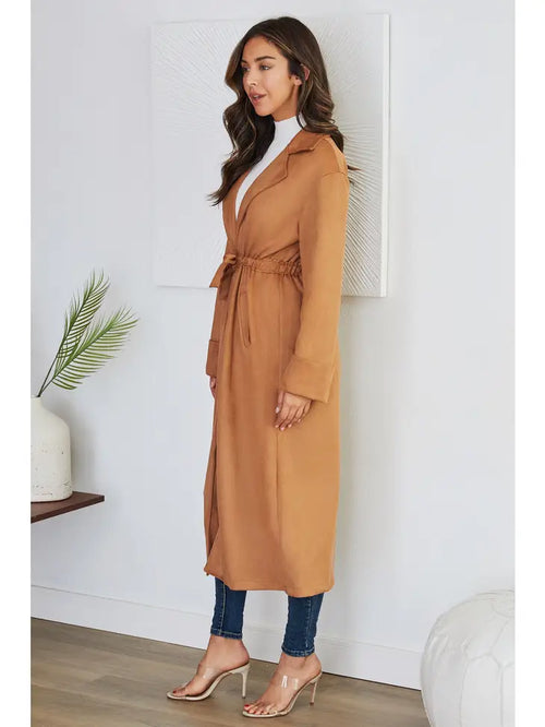 Suede long jack duster coat with a cinched waist