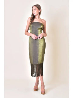 Luxe and chic strapless cocktail midi dress with fringe tassel detail on the hemline and a beautiful bow tie detail on back.